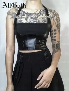 AltGoth Dark Academia Gothic Pu Vest Women Streetwear Sexy Leather Patchwork Halter Crop Tank Tops Y2k Cyber Punk корсет екипировки