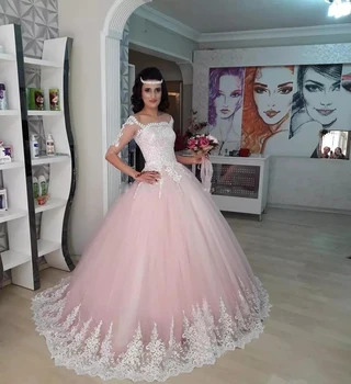 ANGELSBRIDEP Половин ръкави Розови сватбени рокли Роба де Марие Мода Applique съд влак Официален булчински рокля булката рокли Горещи