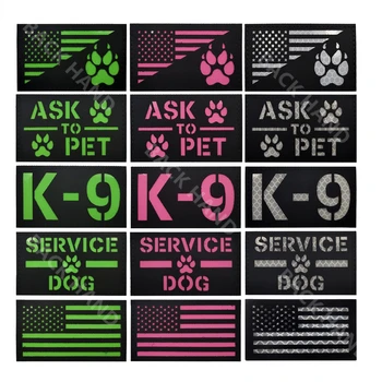 ASK TO PET Светещи Pet каишка стикери Служебно куче K9 куче значка Светлоотразителни стикери Зелено розово IR Parches Американско знаме