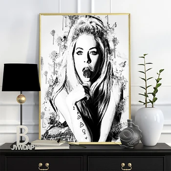 Avril Lavigne акварел черен бял плакат, дълга коса елегантна богиня ежедневни скица арт отпечатъци, певица портрет стена декор