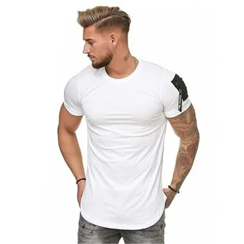 B3018 Къс ръкав цип рамо улично облекло хип-хоп лято T риза мъже парагади извити подгъва тениска тънък смешно тениска плюс размер