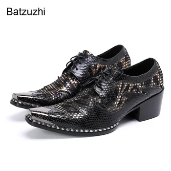 Batzuzhi 6,5 см висок ток мъжки обувки заострени железни пръсти кожена рокля обувки мъже дантела нагоре черен официален бизнес / парти обувки