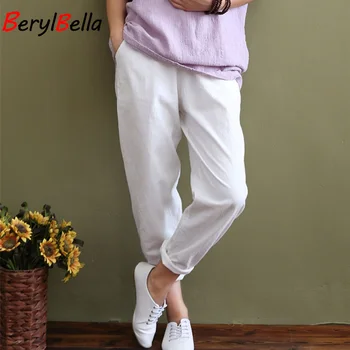 BerylBella оригинален дизайн дамски панталони лято бял памук случайни панталони ластик хлабав панталони женски