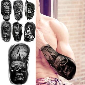 Black Skull Head Compass Временни татуировки за мъже Възрастен лъв самурай Хелоуин фалшива татуировка боди арт миещи се половин ръкав Tatoos