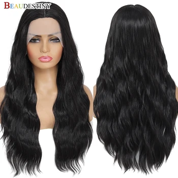 Black Wig Pre Plucked Transparente Lace Wig Synthetic Wig Висококачествени перуки за коса за жени T Средна част Cosplay Black Wig