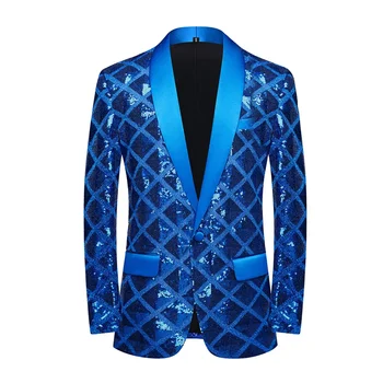 Blue Sequins Мъжки костюм Blazer Groom Най-добър мъж Елегантен мъжки луксозен бизнес работно облекло Офис дама яке палто абитуриентски рокля