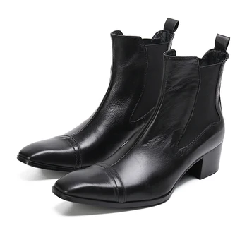 Botas Winter Gentleman Mid Heel Business Short Италиански оригинален черен естествена кожа парти рокля обувки мъжки ботушиЧелси ботуши