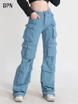 BPN пачуърк джобове карго дънки за жени висока талия замърсени снаждане един бутон хлабав улично облекло дънкови панталони женска мода