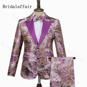 Bridalaffair мъже елегантни костюми 2бр лавандула нетактичност панталони комплект сватба смокинги за мъже тънък годни нетактичност връх ревера жакард костюм