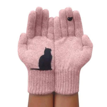 Cat ръкавици за жени вълнени ръкавици есен зима открит топло студена защита подплатени котка печатни ръкавици