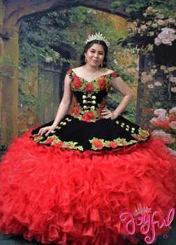 Charro Quinceanera рокли топка рокля от рамото органза къдри апликации подпухнали мексикански сладки 16 рокли 15 Anos