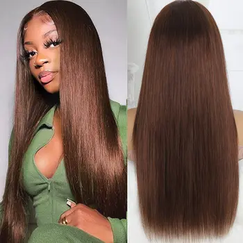 Chocolate Brown Straight Lace Front Wigs Human Hair 13x4 Lace Frontal Wig Pre Plucked with Baby Hair #4 Цветна перука за жени