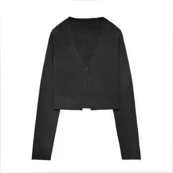 CO Дамски 2023 мода двуцветен случаен жокер тънък жилетка пуловер ретро един бутон дълъг ръкав дамски палто шик отгоре