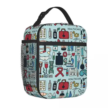 Colorful медицинска сестра медицинска аптека Doodle изолирани обяд чанта големи многократна употреба термо чанта голяма пазарска кутия за обяд плаж пътуване Bento торбичка