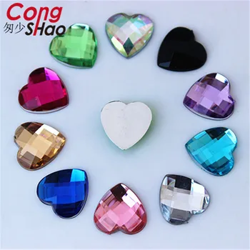 Cong Shao 200pcs 14mm сърце акрил кристал апликация камъни и кристали скъпоценни камъни плосък гръб DIY костюм бутон аксесоари CS122