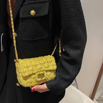 Crossbag женски сладък сладък малка чанта есен и зима модерен мода пратеник чанта верига вълнен crossbody рамо квадратна чанта