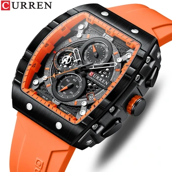 CURREN хронограф кварцов часовник за мъже Tonneau набиране военен спорт ръчен часовник с оранжева силиконова каишка Auto Date