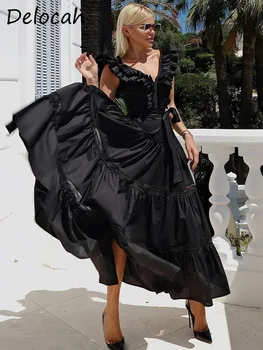 Delocah високо качество летни жени мода Designe камизола пеперуда ръкав v-образно деколте лък подстригване Shirred A-lineHigh талия рокля