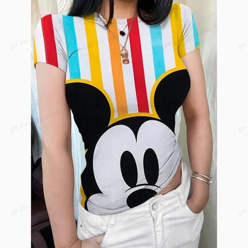 Disney Мики Маус 2023 Нова дамска тениска Slim Fit Дамска тениска с къс ръкав Спортна дамска секси тениска Дамски