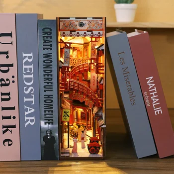 DIY Book Nook Комплект за вмъкване на рафтове Дървен миниатюрен строителен комплект Японска механа Град Bookend Bookend Bookshelf Декорация на дома Занаятчийски подаръци