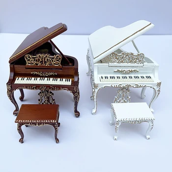 Doll House Furniture Luxury европейски стил издълбани пиано с табуретка страничен кабинет модел за куклена къща хол спалня декор