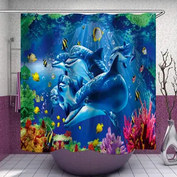 Dolphin баня душ завеса синьо подводен свят морски живот полиестер плат деца океан висящи завеса баня декор комплект