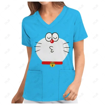 Doraemon Медицински сестри Ексфолианти Върхове Жени Работна униформа Блуза Къс ръкав Униформа Blusas Медицински сестри Медицински сестри Туника Униформа