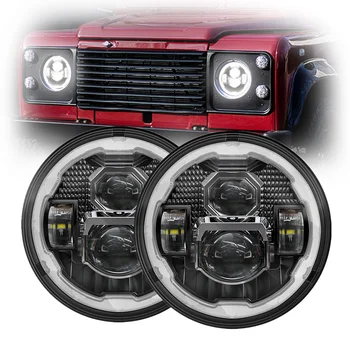 DOT E-mark 7 инчов LED фар с ореол за 1983-1991 Land Rover 90/110 Черен хром 84W ярък 7'' фар за Jeep JK