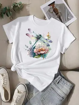 Dragonfly цвете тенденция 90s сладък къс ръкав дама O-образно деколте тениска облекло жени мода случайни печат отгоре графичен тениска