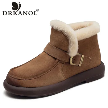 DRKANOL 2024 Класика Сняг ботуши жени зимни топли кожени обувки качество крава велур кожа плосък петата ретро стил къси глезена ботуши
