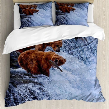  Duvet Cover Set Grizzly Bear Fishing In The River Waterfalls Cascade In Alaska Nature Camp View Декоративен кралски размер кафяв бял