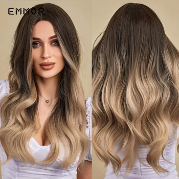 Emmor Synthetic Long Wavy Ombre Black to Blonde Wigs Natural Wave Hair Wig for Women High Temperature Layered Daily Ombre Wig