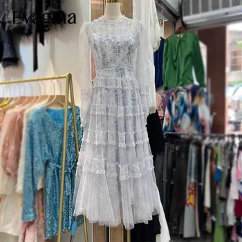 Evagina Нов моден подиум дизайнер Дамски дълъг ръкав секси перспектива печат каскаден къдрава край рокля