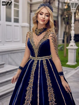 Fancy Royal Blue пайети вечерни рокли Кафтан мъниста кристали булчински рокля кафтан етаж дължина булката рокли вестидос де новия