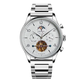 Fashion Parnis 43mm White Dial Automatic Mechanical Men's Watches Moon Phase Calendar Men Watch For Men montre homme Man Clock
