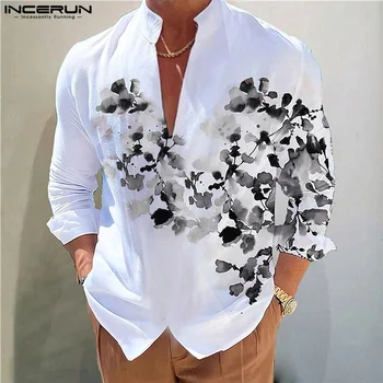 Fashion Well Fitting Tops INCERUN Men V-образно деколте вратовръзка боядисани печат ризи Ежедневни улично облекло стойка яка дълъг ръкав блуза S-5XL 2023