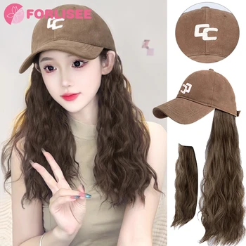 FORLISEE перука Дамска шапка перука едно парче мода пълна глава комплект дълга коса симулация коса бейзболна шапка дълга къдрава коса перука шапка