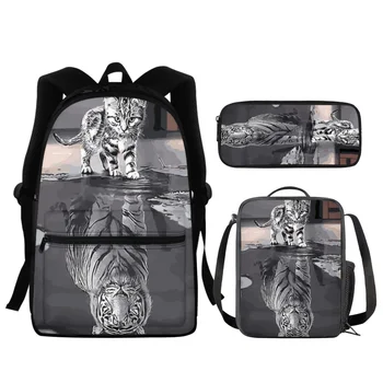 FORUDESIGNS Котка отражение тигър училищни чанти 3бр / комплект молив чанти за хранене ученици училищни пособия удобен практичен раница навън