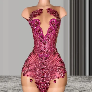 Fuchsia Sparkly Коктейл Официални рокли за повод Gillter Beaded Crystal Sheer Mesh Черно момиче Африканска вечерна рокля за рожден ден