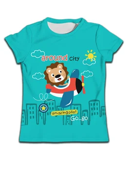 Fun Lion Travel Around City Детски тениски Летни баскетболни дрехи за момичета 2024 Карикатура момичета Детска риза с О-образно деколте Kid Boy Top