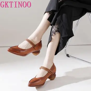 GKTINOO естествена кожа високи токчета помпи дамски обувки 2023 Нови ретро заострени пръсти ръчно изработени ежедневни кратки дамски обувки