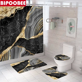 Gold сив текстура луксозен мрамор душ завеса баня завеси пиедестал килими тоалетна капак капак и баня мат нехлъзгащ килим