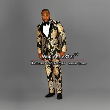 Gold&Black младоженец сватбени костюми годни тънък годни цветя жакард мъжки смокинг обичай изрязани ревера яке панталони 2 парче комплекти дрехи