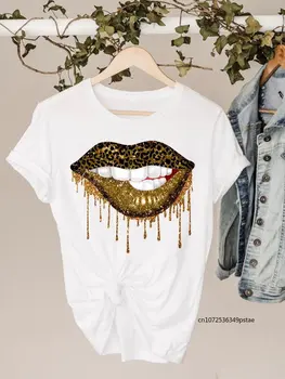 Graphic Tee Дамски дрехи с къс ръкав Дамска тениска за печат Лятна устна Leopard 90s Trend Style Дамски модни тениски