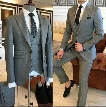 Grey Slim Fit мъжки костюми 3 броя Tuxedos младоженец сватба мъже костюм Tuxedo Terno Masculino De Pour Hommes Blazer (яке + панталони + жилетка)