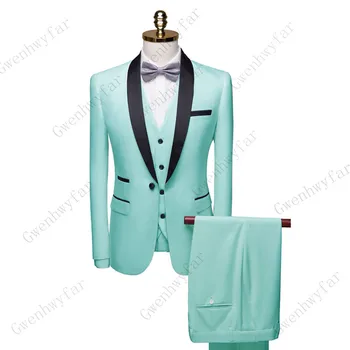 Gwenhwyfar Мъжки костюми Party Mint Green Slim Fit Suits(Blazer & Pants & Vest) Дизайн шал ревера Tuxedos бала костюм