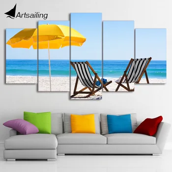 HD отпечатани 5 парче платно изкуство плаж стол живопис плаж стена снимки декор рамкирани модулна живопис безплатна доставка CU-2080C