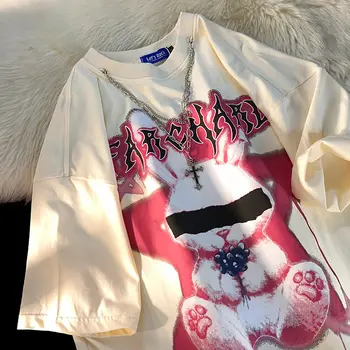 Hip Hop Cartoon Graffiti Rabbit Short Sleeve T Shirts Cross Necklace Oversized Tops Men Women Y2K Streetwear Cotton Tees Summer