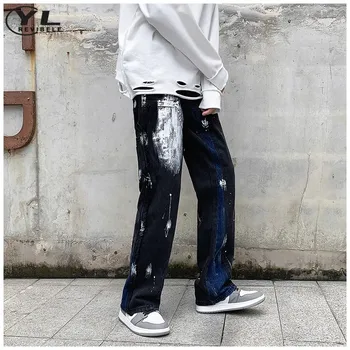 Hip Hop Patchwork Graffiti Jeans Men Black High Street Retro Washed Denim Pants Fashion Baggy Straight Wide Leg Trousers Spring