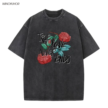 Hip Hop Streetwear Мъже Измити тениски Аниме Rose Print T Shirt Лято 100% памук Ретро Tees Унисекс дишаща Casual Tees
